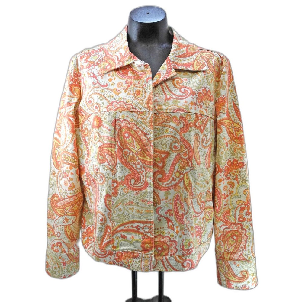 Brooke Coleman Orange Paisley Stretch Cotton Snap-Front Jacket - Women's Size 16